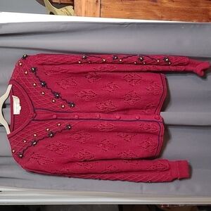 VTG The Eagle's Eye Womens Cardigan Sweater Cranberry Embroidered size L EUC